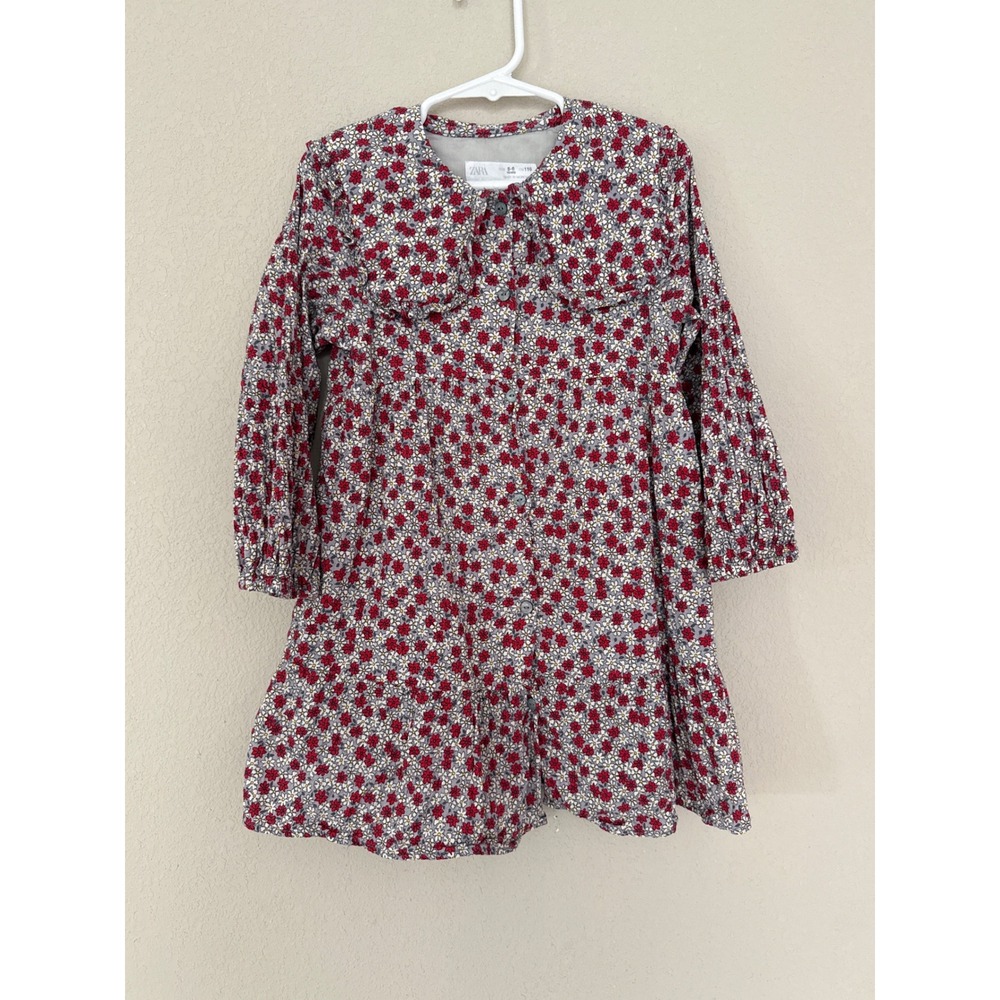 Zara Girls 5/6 Floral Tiered Dress Ruffled Collar Gray/Red/White Daisies Collar